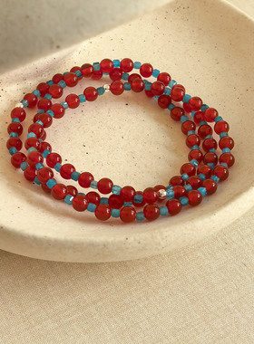 经典红蓝配色天然石手链简约新中式925纯银红玛瑙磷灰石串珠手饰