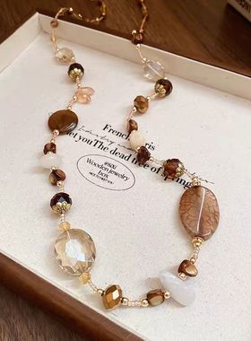 铜合金天然贝壳长款项链美拉德复古小众百搭挂脖项饰