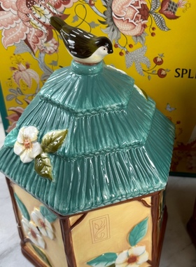 手绘浮雕釉下彩花鸟陶瓷收纳储物罐客厅摆件厨房干果糖果罐