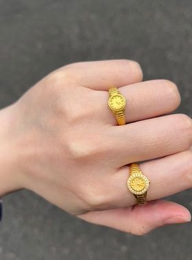 金色小金表戒指520时针手表纯银对戒小众气质高颜值开口戒送女友