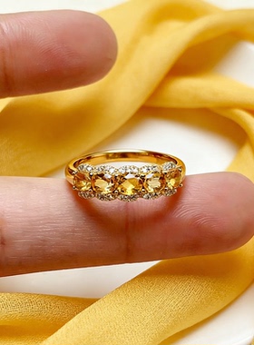 巴西天然黄水晶S925银招财女排戒