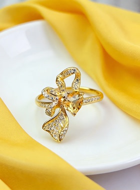 天然黄水晶戒指心形宝石S925纯银