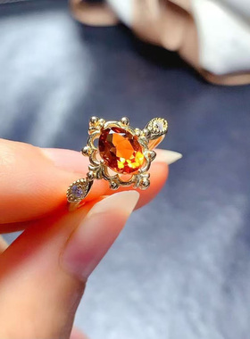 天然黄水晶戒指女夏转运招财花