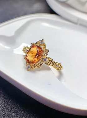 采金金钰黄水晶戒指女925银精工镶嵌复古花纹招财轻奢指环可复检