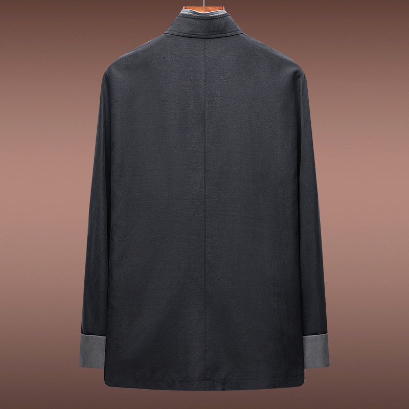 高端重磅真丝唐装男连袖桑蚕丝上衣 蓝吉奥唐装