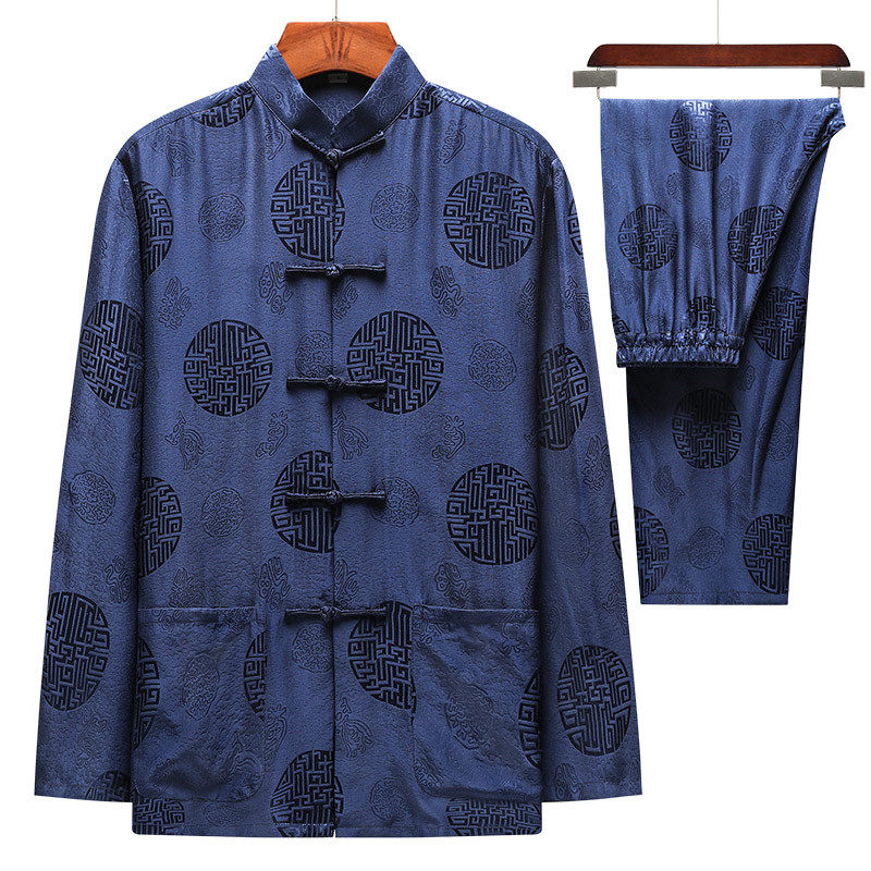 中老年人真丝唐装男长袖桑蚕丝绸 蓝吉奥民族服装