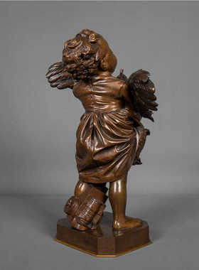 签名Adriano Cecioni，欧洲古董纯铜雕塑“抱公鸡的小孩童