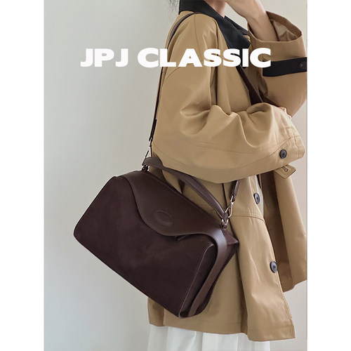 jpjclassic新品牛皮波士顿包女单肩斜挎枕头包复古风手提通勤包 - 图1