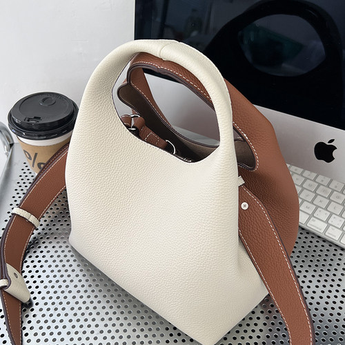 jpjclassic头层牛皮菜篮子包女单肩拼色水桶包百搭手提斜挎气质包 - 图2