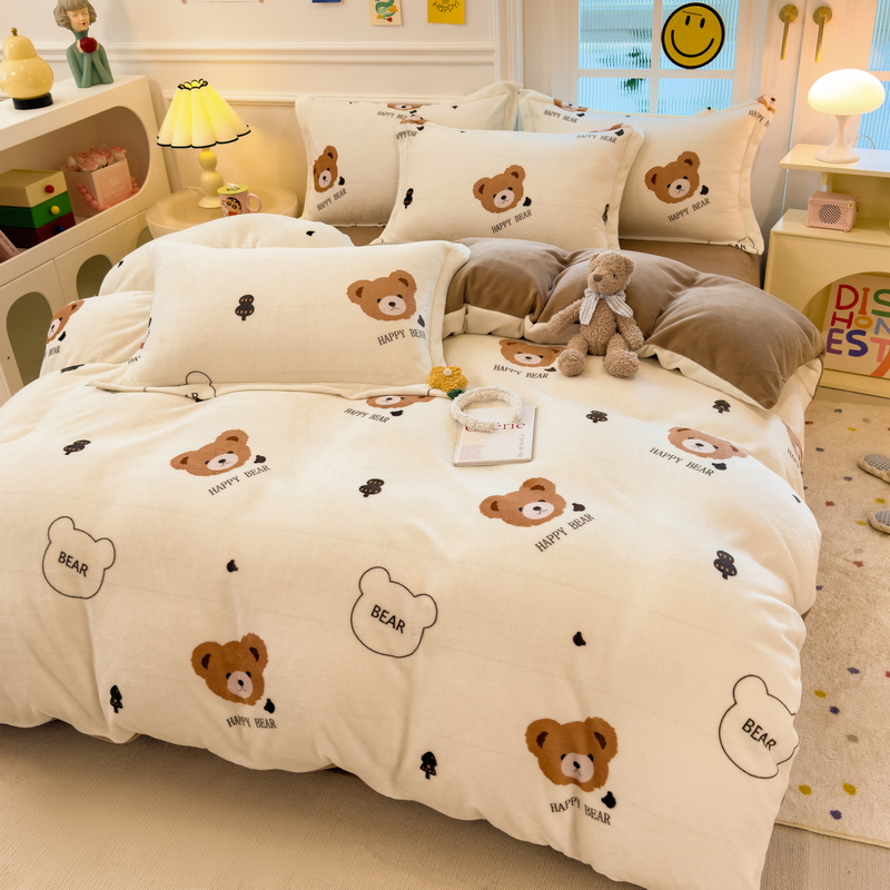 秋冬季加厚牛奶绒床品套件卡通珊瑚绒床单四件套A类法莱绒暖被套
