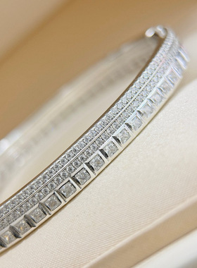 S925纯银精工高级感冰糖满钻排钻手镯小冰块方钻手环