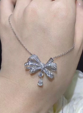 S925银微镶锆石蝴蝶结水滴项链轻奢小众设计高级感颈链锁骨链