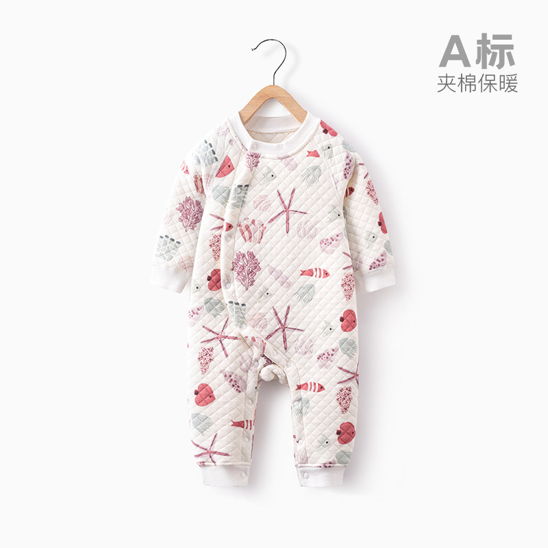 保暖新生儿哈衣服宝宝夹棉纯色棉 巴布乐园连身衣/爬服/哈衣
