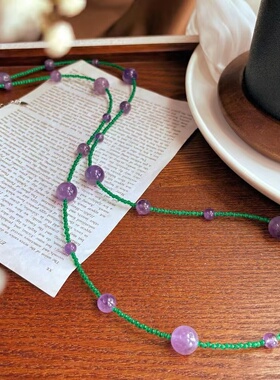 天然紫水晶项链女撞色长款多层2024新款女士轻奢高级感小众设计感