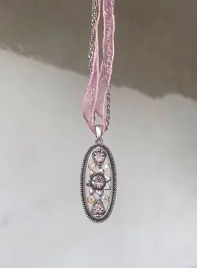 玫瑰之约项链做旧镂空雕刻花卉吊坠重工项链法式复古粉纱锁骨链