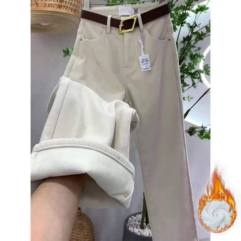 杏色宽松高腰直筒加绒牛仔裤女2026年秋冬新款显瘦加厚窄版阔裤子,淘宝优惠券,粉丝福利购,淘宝优惠卷