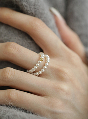 施家baby珍珠戒指弹力绳设计食指戒女款 极细叠戴进口14k包金指环