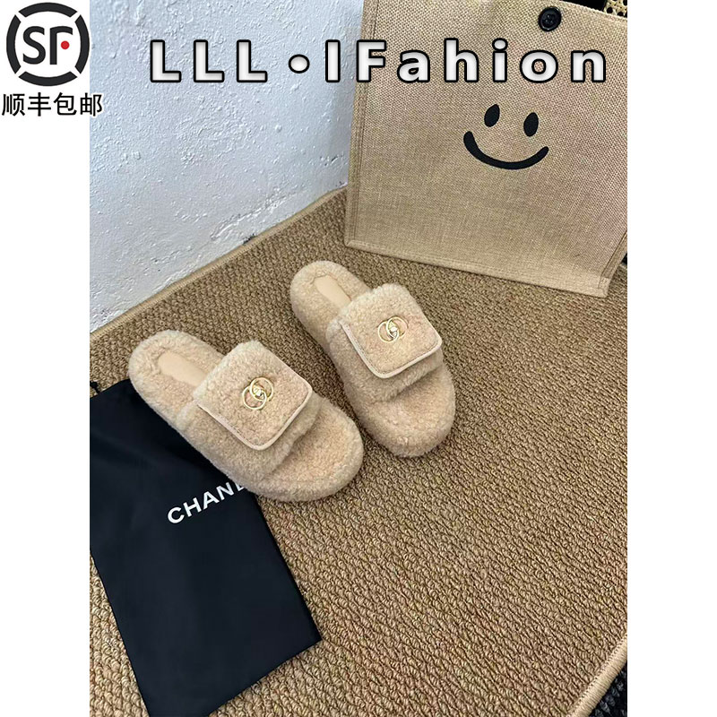 小香风厚底5cm毛毛鞋女外穿2025秋冬加绒保暖一字书包扣翻盖拖鞋 - 图1