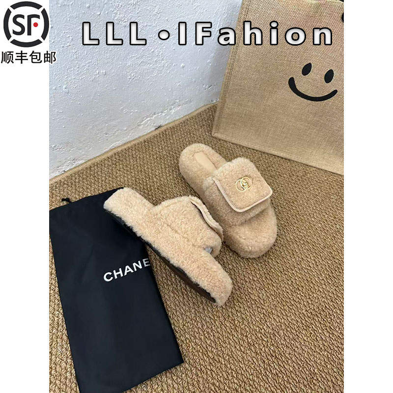 小香风厚底5cm毛毛鞋女外穿2025秋冬加绒保暖一字书包扣翻盖拖鞋 - 图0