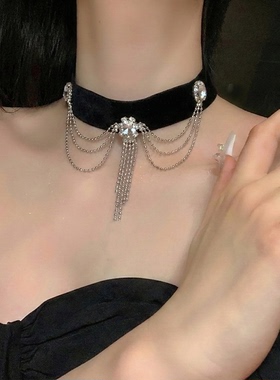 复古黑丝绒流苏项链女甜酷辣妹