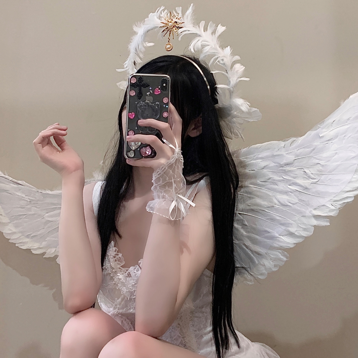 白色天使精灵翅膀羽毛cosplay万圣节圣诞节服装饰女穿搭套装道具