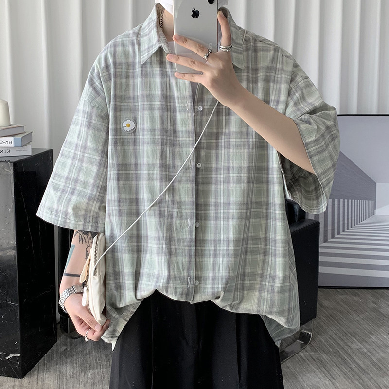 小雏菊格子短袖男ins潮夏季寸衬衫 慕甸衬衫