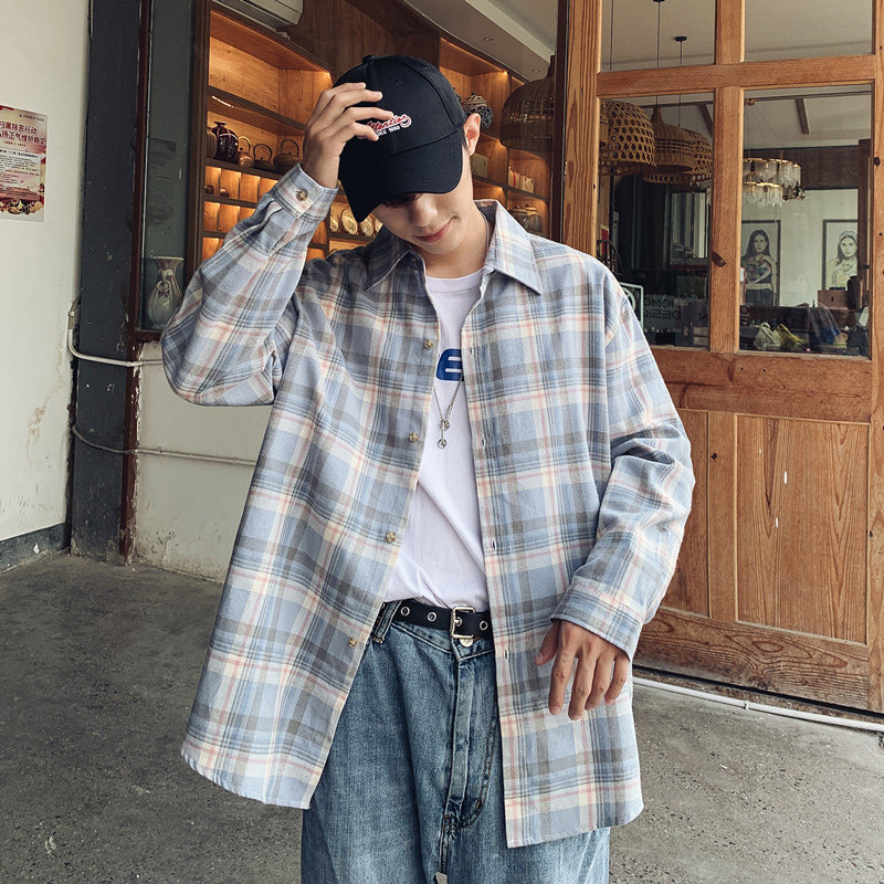 格子男长袖韩版潮牌ins宽松寸衬衫 慕甸衬衫
