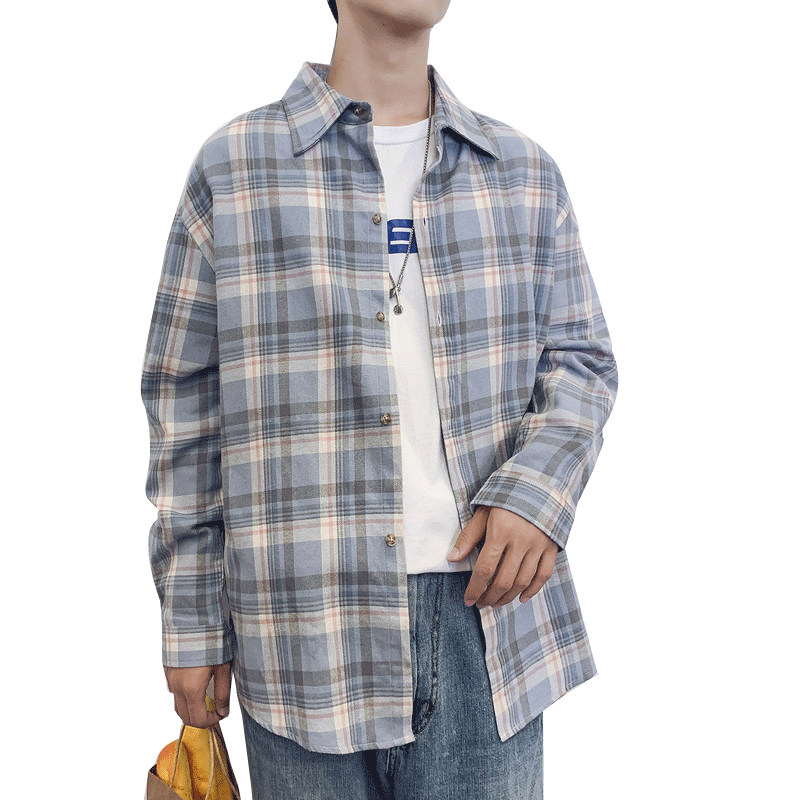 格子男长袖韩版潮牌ins宽松寸衬衫 慕甸衬衫