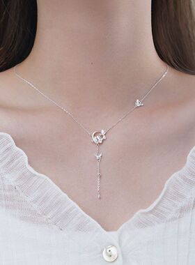 乾佳S999足银甜美蝴蝶圆环流苏项链女轻奢高级感绝美锁骨链代发