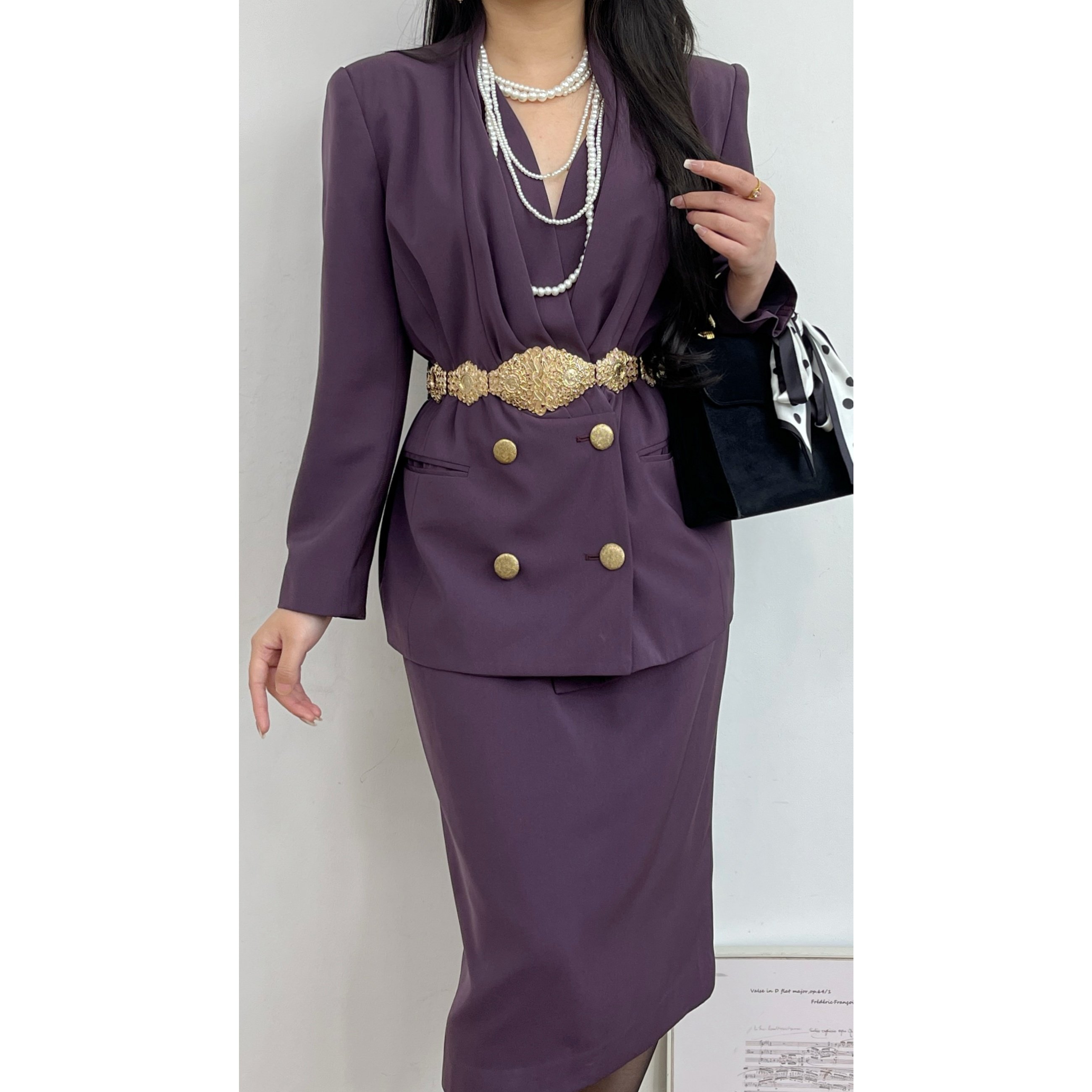 vintage古着昭和复古涤纶紫色褶皱金色双排扣分体两件套装套裙女,淘宝优惠券,粉丝福利购,淘宝优惠卷