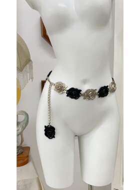 中古Y2K辣妹风黑银玫瑰花腰链