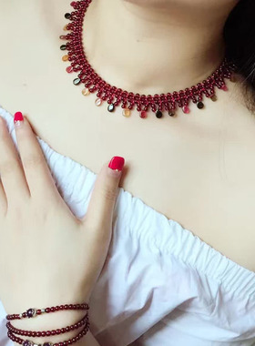 天然酒红石榴石碧玺礼物项链