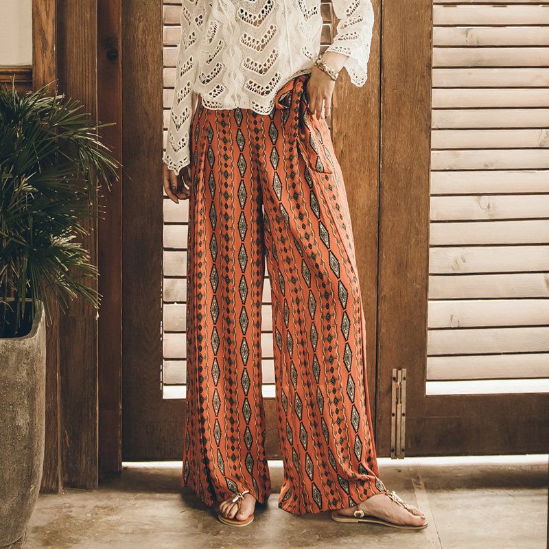 泰国海边度假波西米亚开叉女阔腿裤 芊茹休闲裤