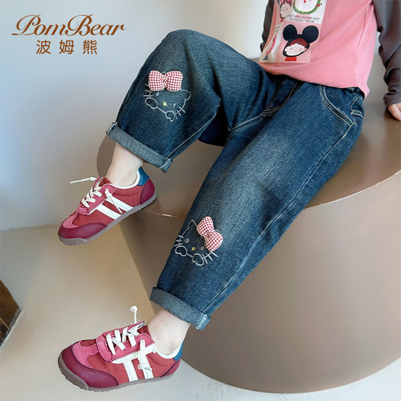 波姆熊女童牛仔裤2025春秋季新款蝴蝶结猫咪绣花牛仔裤女宝宝宽松,淘宝优惠券,粉丝福利购,淘宝优惠卷