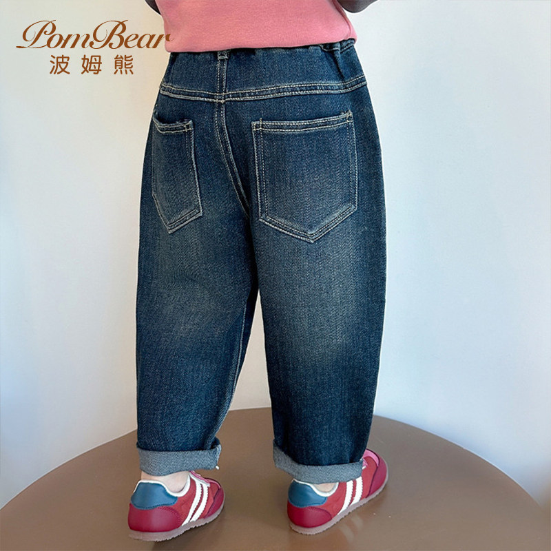 波姆熊女童牛仔裤2025春秋季新款蝴蝶结猫咪绣花牛仔裤女宝宝宽松,淘宝优惠券,粉丝福利购,淘宝优惠卷