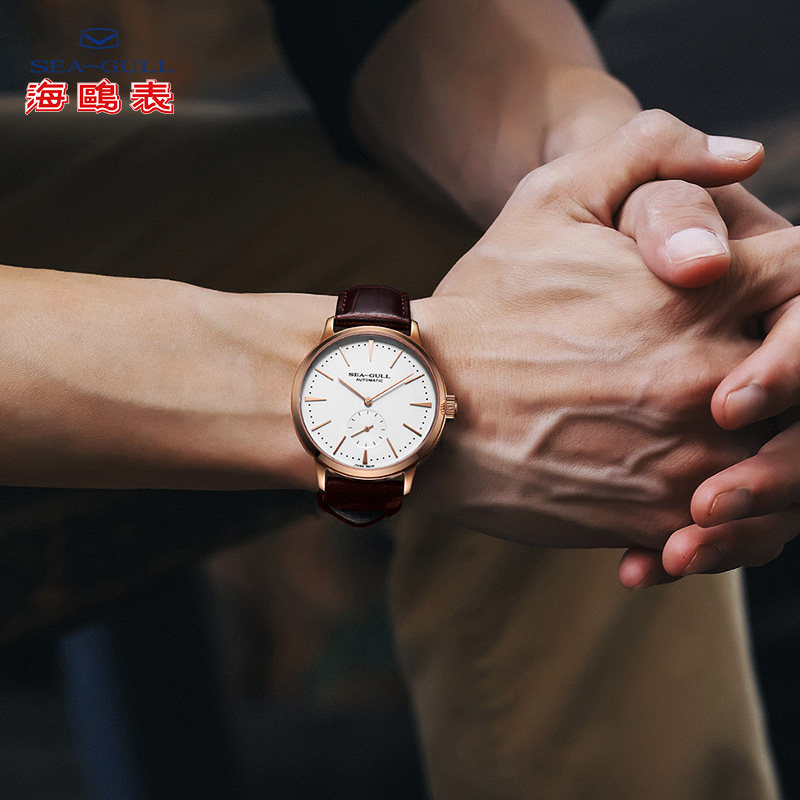 海鸥自动男小三针皮带时尚防水表 海鸥表赢时国产腕表