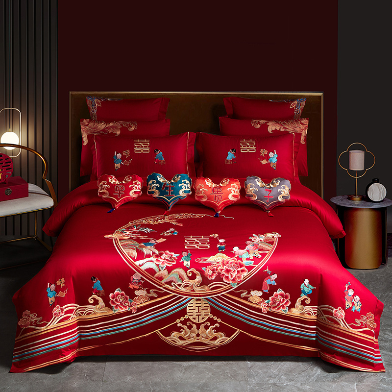 婚庆四件套大红色全棉被套床单结婚刺绣纯棉六十件套床上用品1.8m - 图3