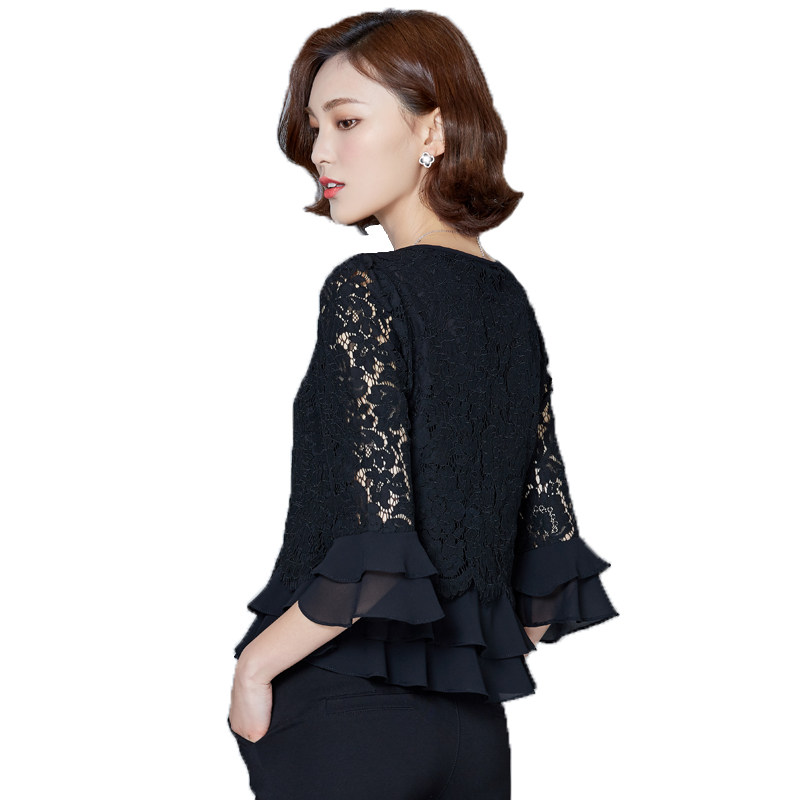 七分袖蕾丝短款2020春装修身女小衫 黛兰朵蕾丝衫/雪纺衫