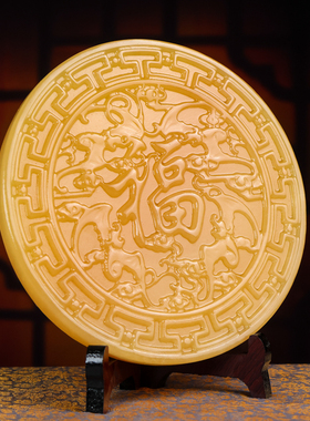 天然黄玉百福图太极八卦盘摆件