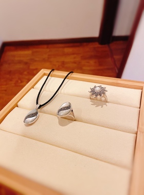 尼泊尔进口天然彩贝套装925纯银复古马赛克钨钢钻戒指吊坠