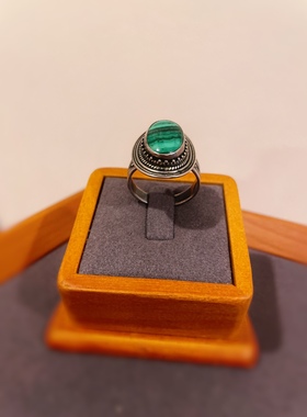 泰国进口天然孔雀石戒指925纯银手工素银包边重工戒圈