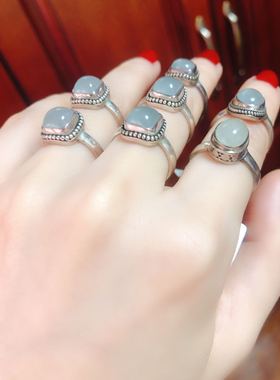 戒指女925纯银尼泊尔天然海蓝宝