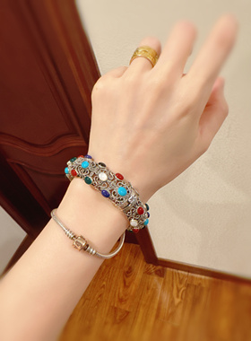 泰国进口925纯银古法手工花丝掐丝天然彩宝青金彩贝手镯开口镯