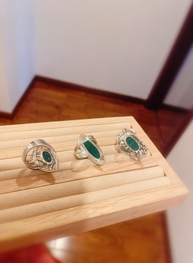 泰银绿玛瑙戒指925纯银长款夸张食指戒稳重大气妈妈礼物