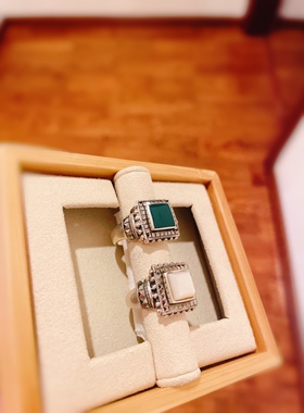 尼泊尔进口手工银戒指绿玛瑙彩贝个性方钻925复古纯银食指戒