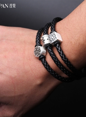 个性潮酷真皮绳手链实心银饰红绳