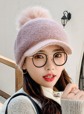 兔毛女潮百搭秋冬针织鸭舌帽帽子