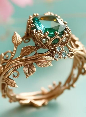 跨境爆款戒指wish热卖图腾戒指 创意款复古合金镶嵌绿色水晶指环