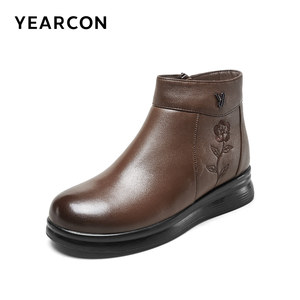 意尔康女鞋2025冬季短靴真皮短筒皮靴中老年妈妈棉鞋加绒保暖皮鞋