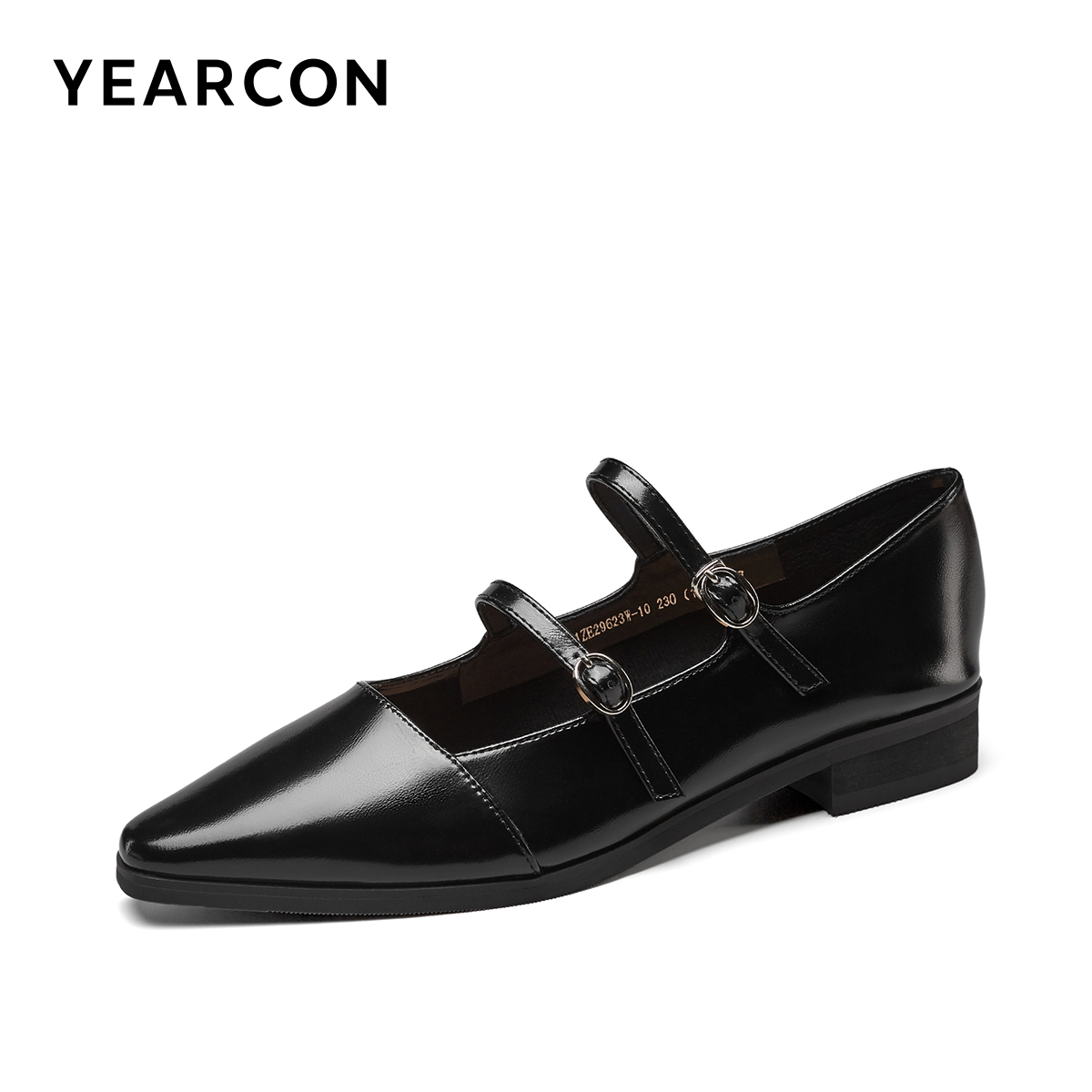 意尔康女鞋春秋季女士尖头粗跟单鞋英伦风复古皮鞋玛丽珍一字扣带 - 图0